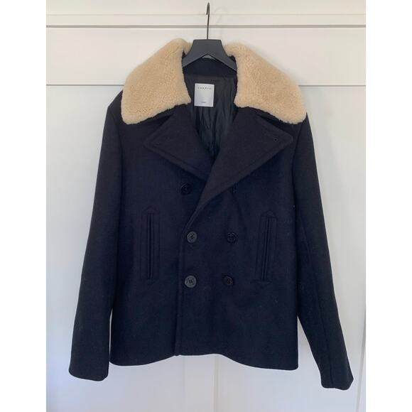 Sandro Mens Peacoat Sheepskin Collar in Marine Size XL 2-Button Front Pockets - Picture 2 of 5